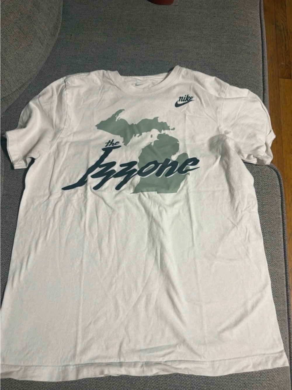 Nike White Short Sleeve Tee with Mint Green Michigan Graphic for boys